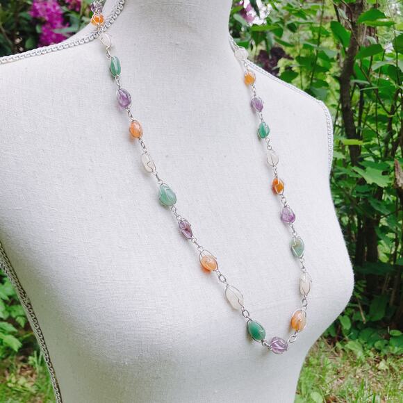 VTG Mid Century Gemstone Necklace Earring Set Screwback Multicolor Wire Wrapped - Picture 9 of 9